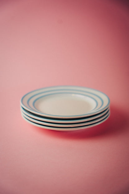 four blue striped plates