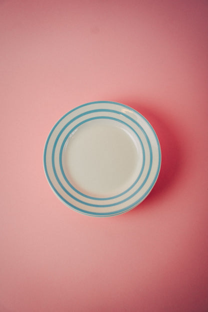 four blue striped plates