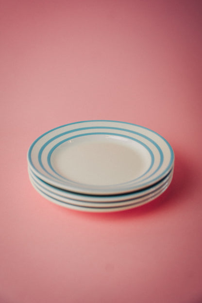 four blue striped plates