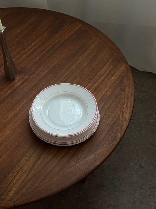 eight white plates with red rim